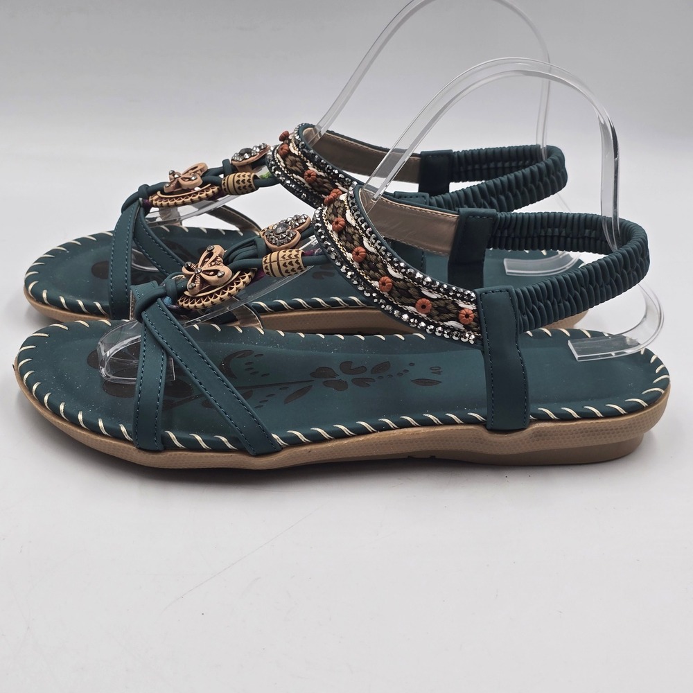 Teal Green Bohemian Beaded Slingback Sandals Butterfly Rhinestone Size 40 Womens